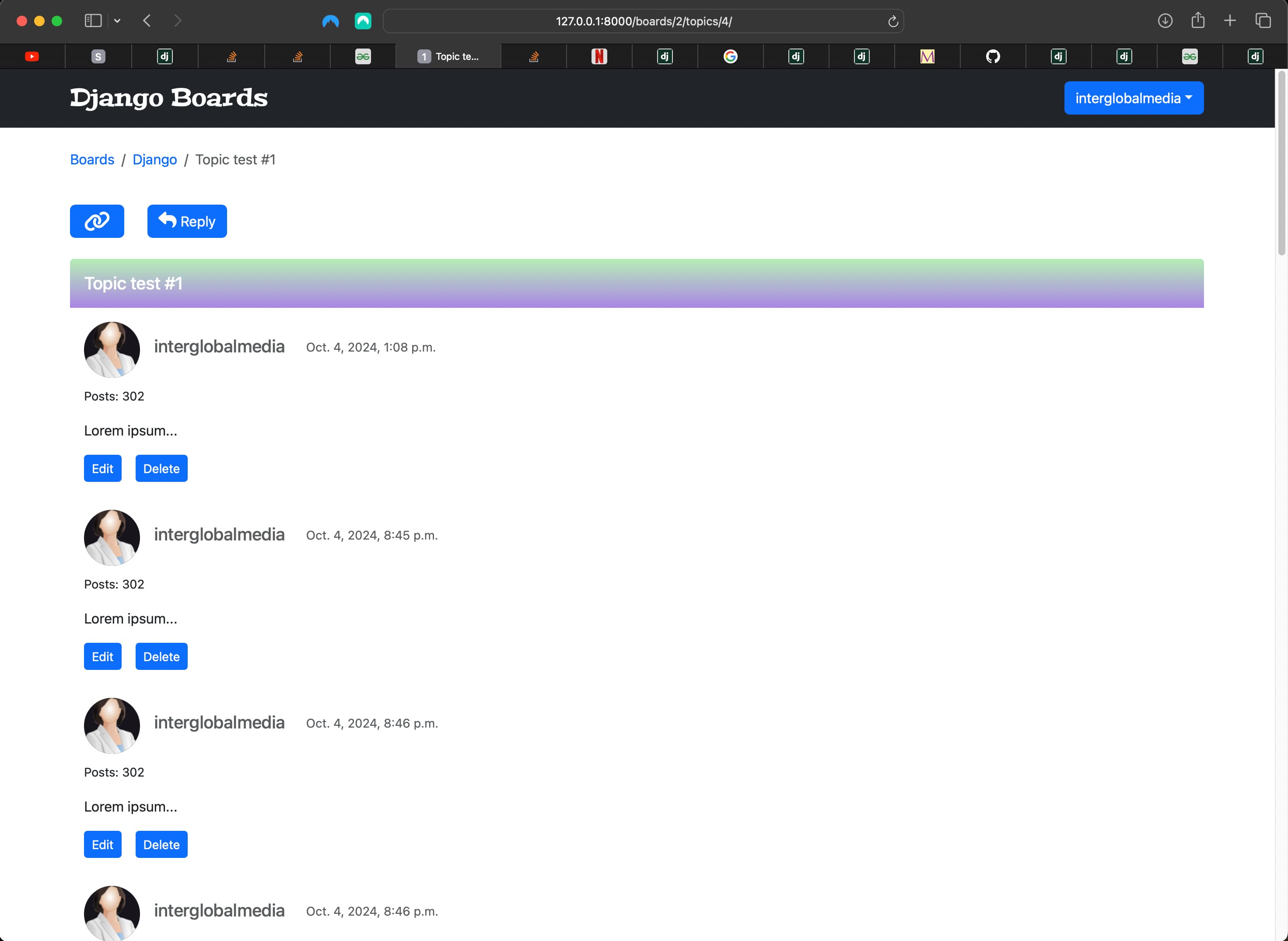 Newly populated Django board topic_id=4 (topic_posts) view