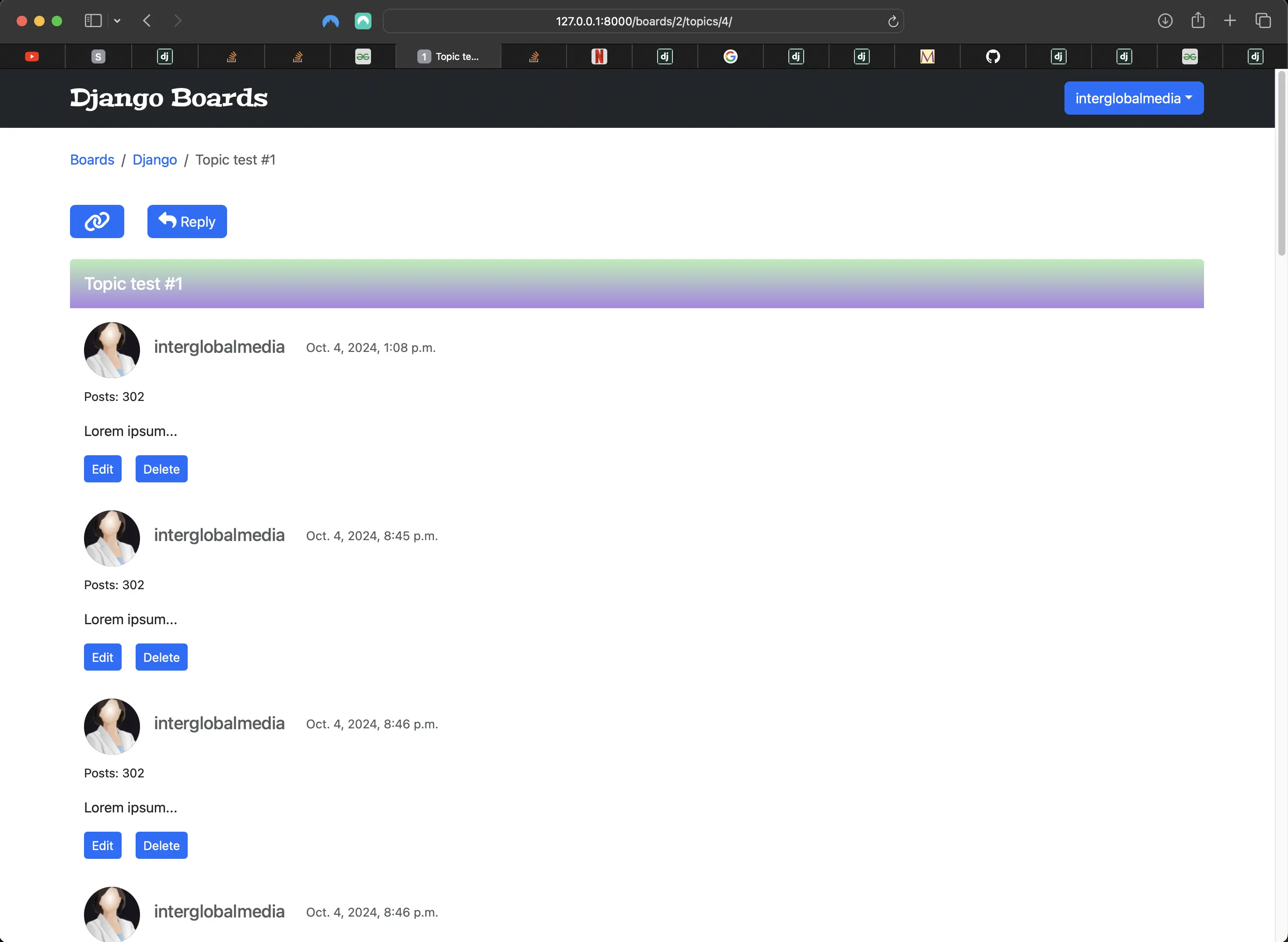 Newly populated Django board topic_id=4 (topic_posts) view