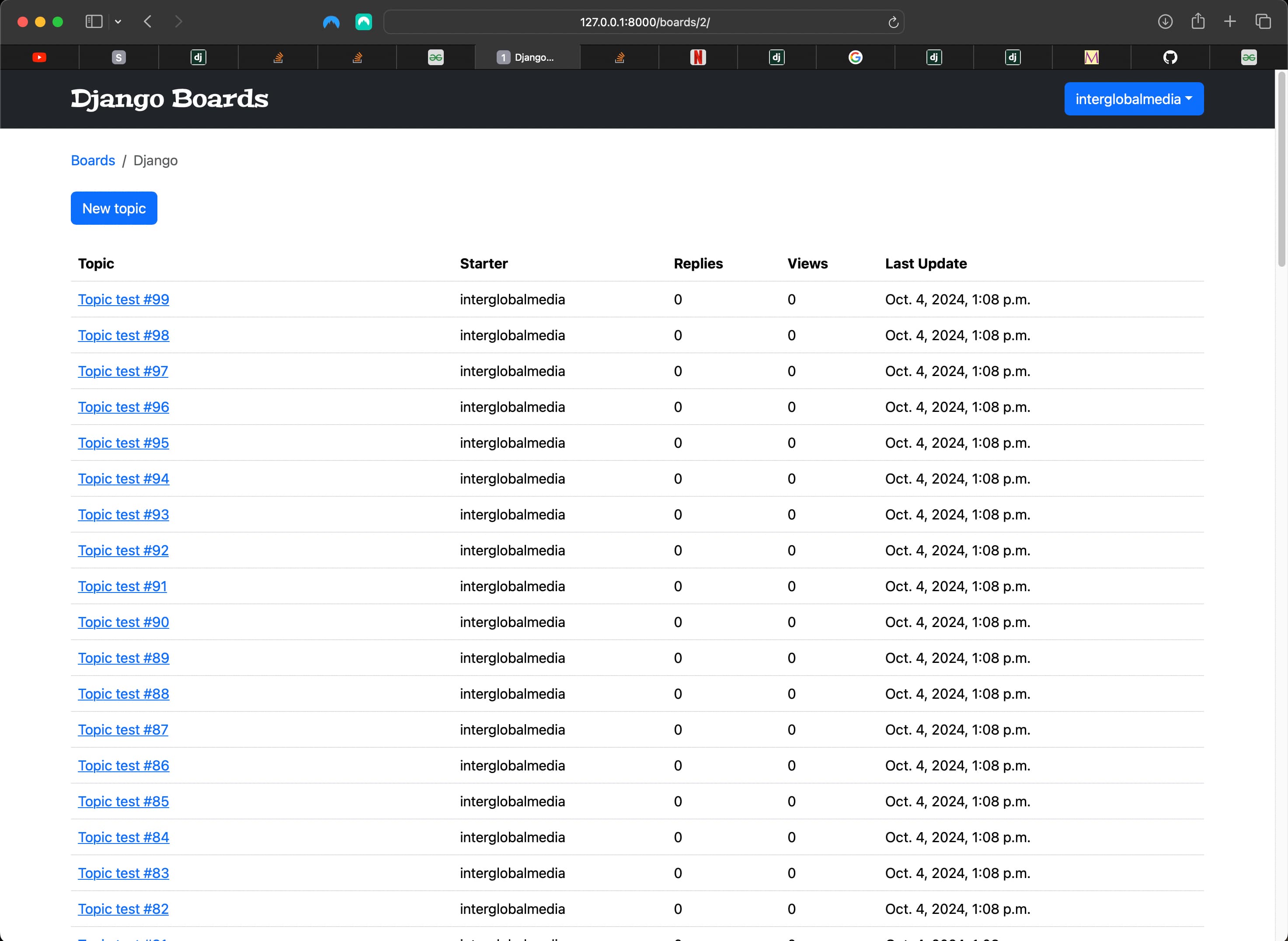 Newly populated Django board topics view