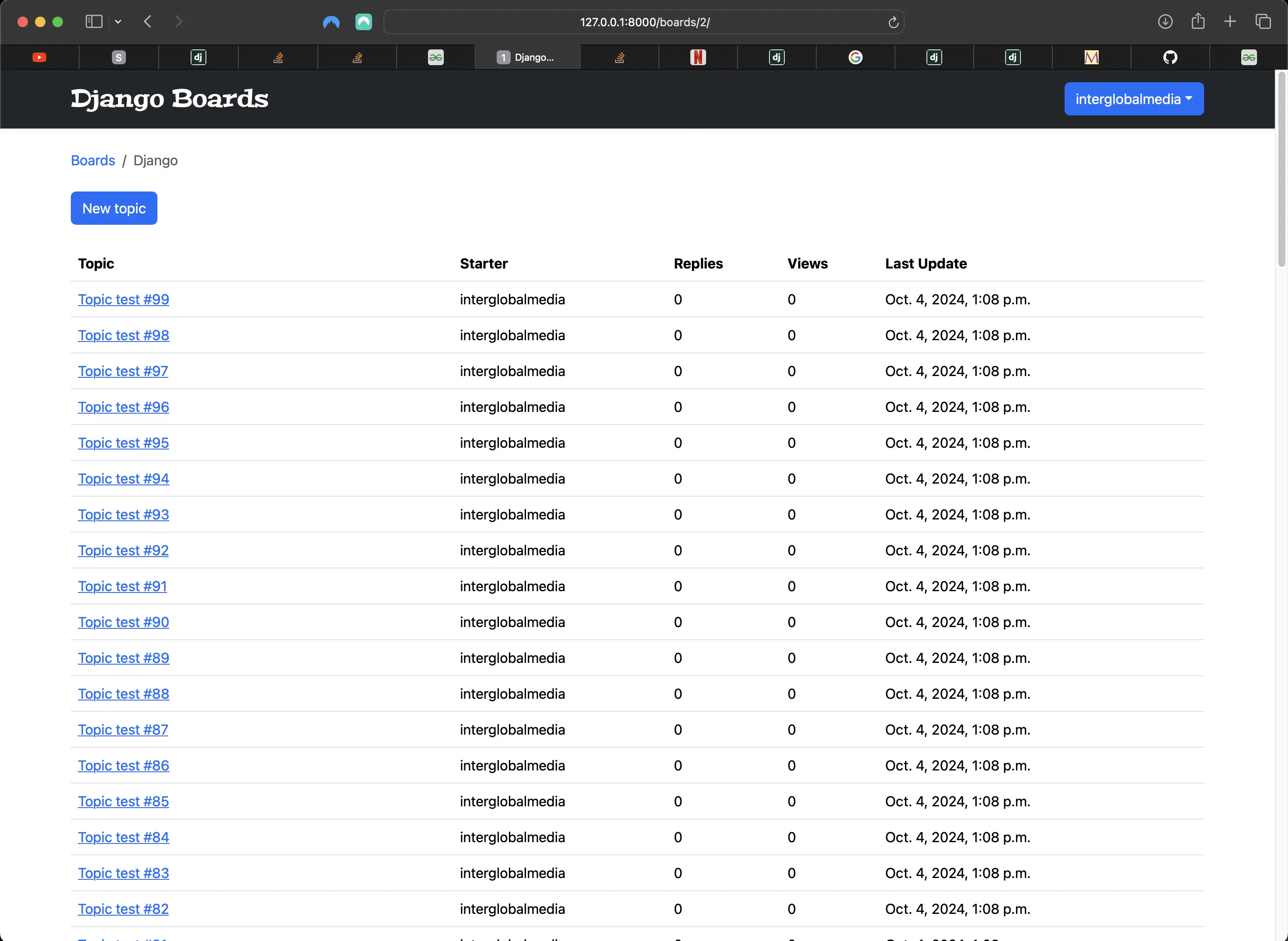 Newly populated Django board topics view
