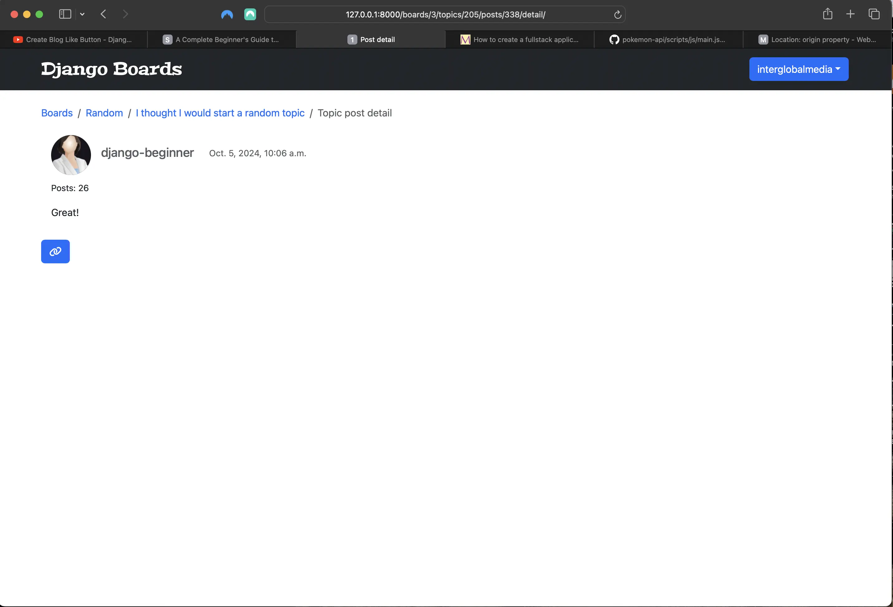 Result of adding div with classes "card mb-3" to post_detail view