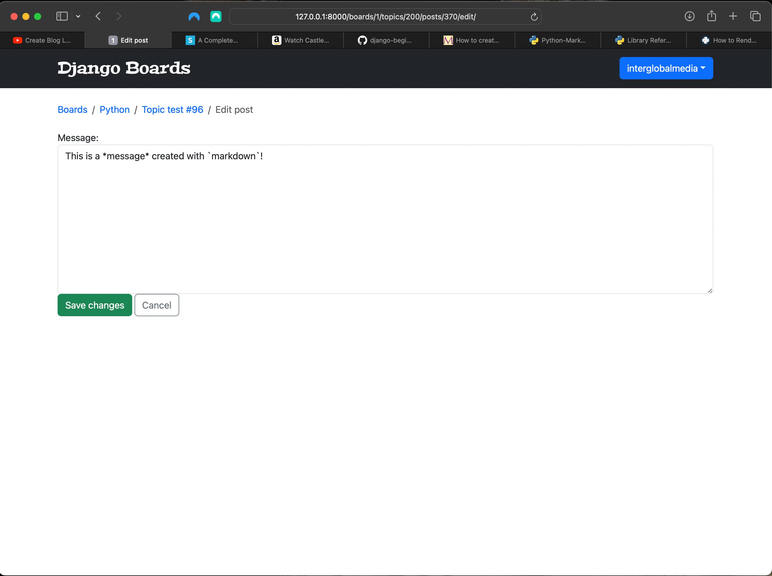 Post edit view using markdown syntax