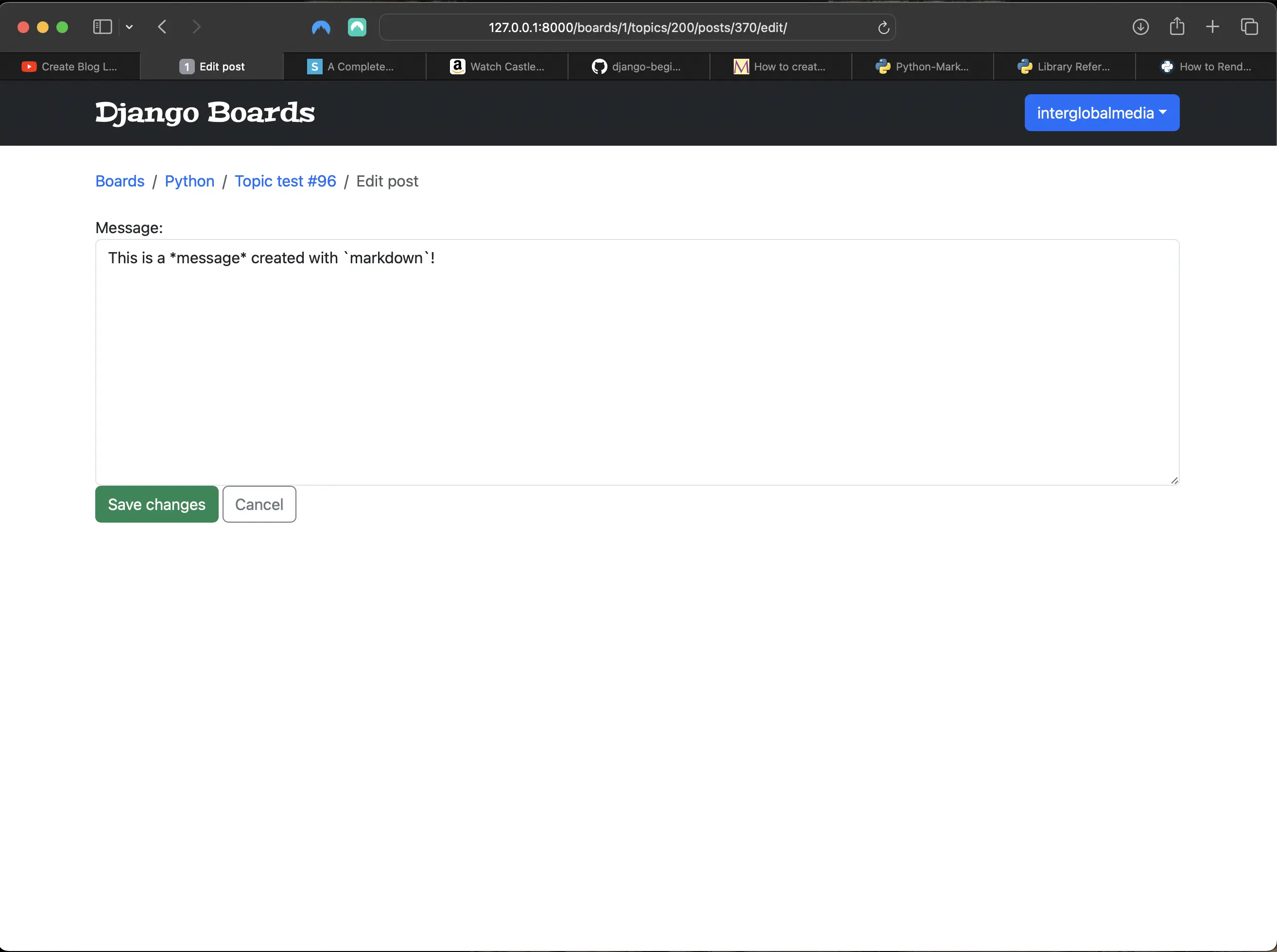 Post edit view using markdown syntax