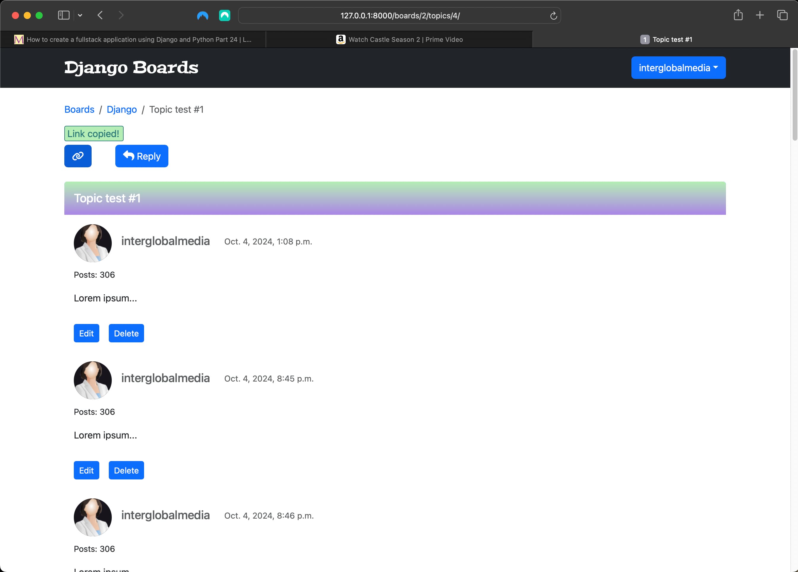 copy link button clicked/on hover