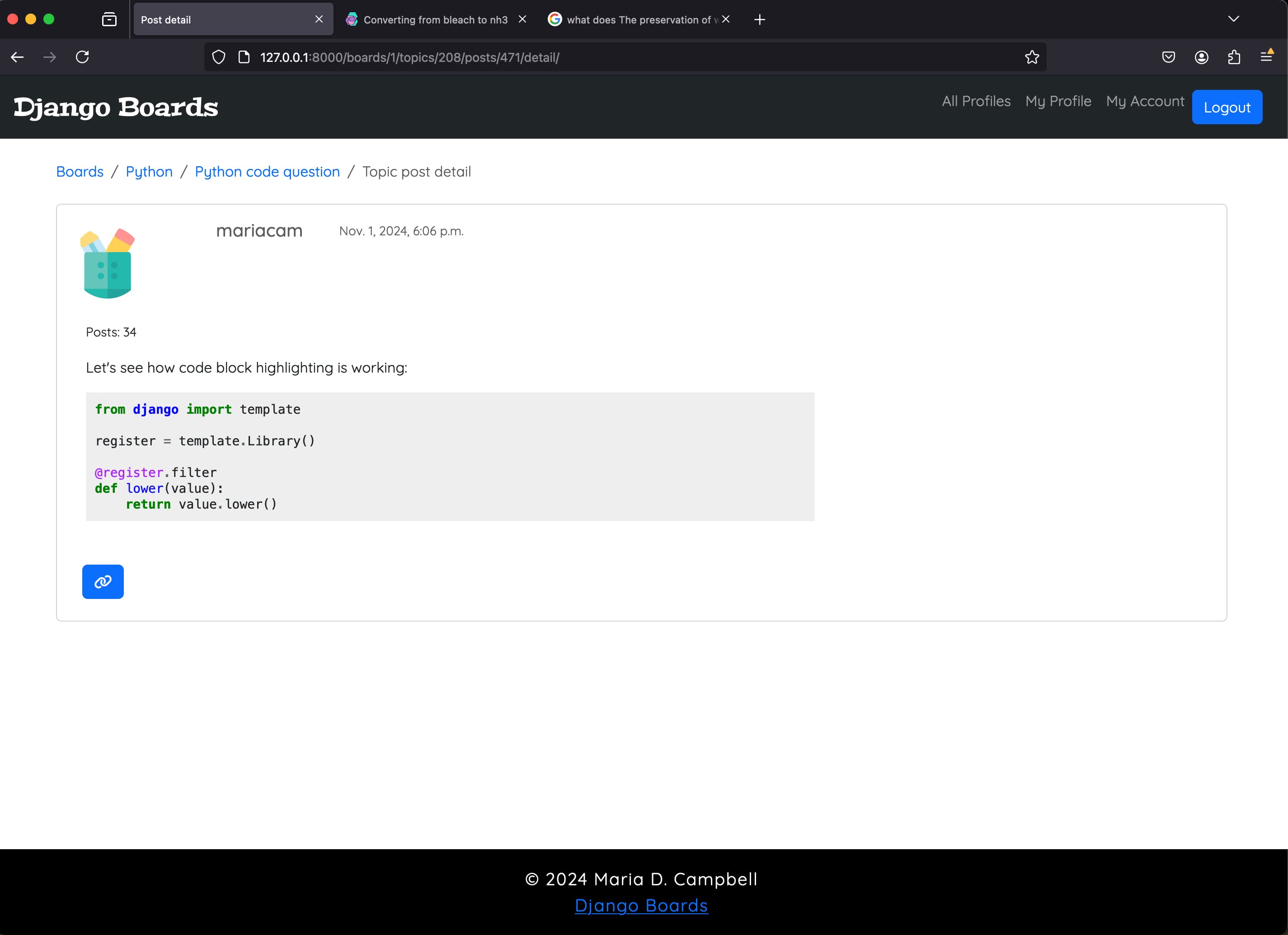 Code block highlighting with pygments