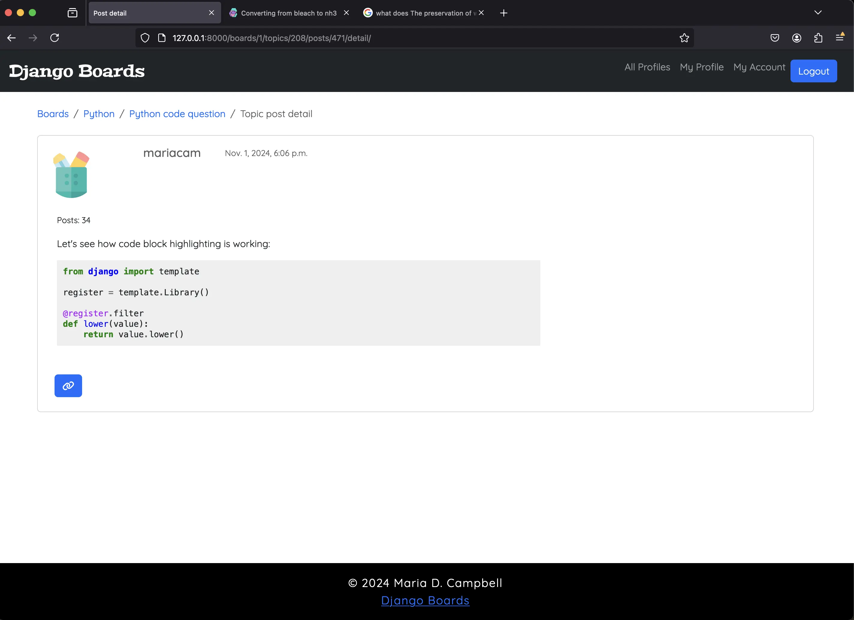 Code block highlighting with pygments