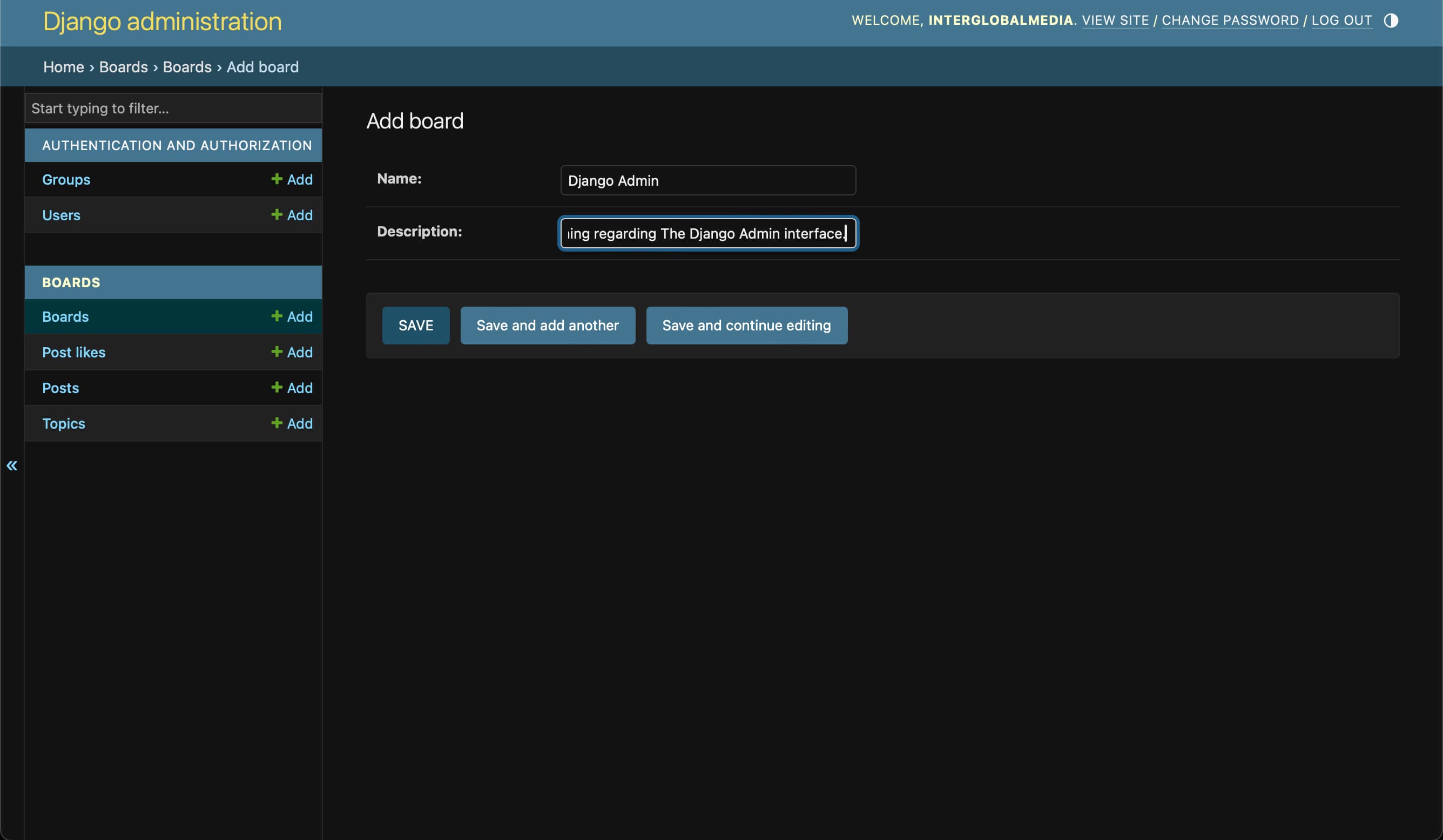 Add a board in the Django Admin panel