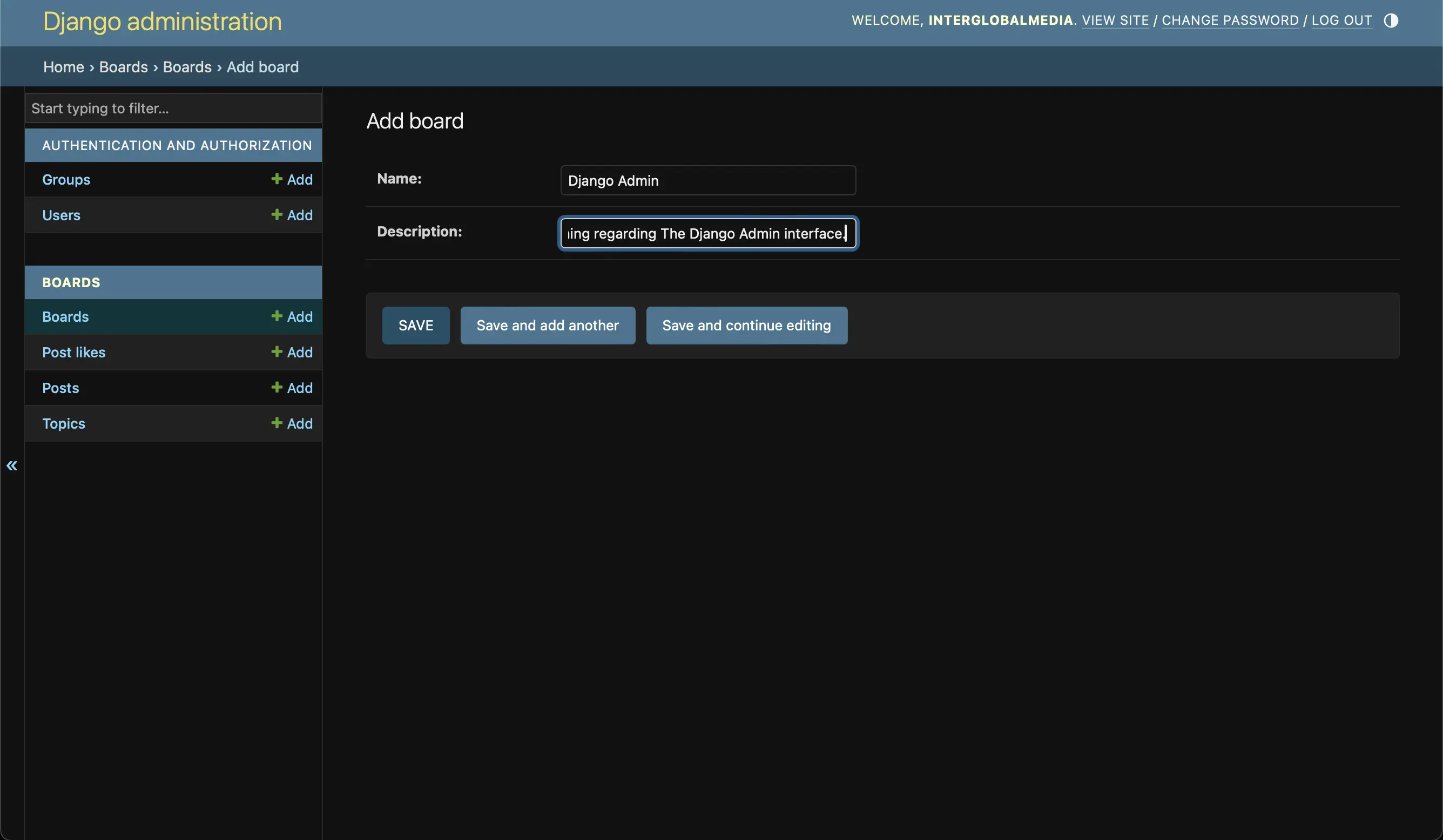Add a board in the Django Admin panel
