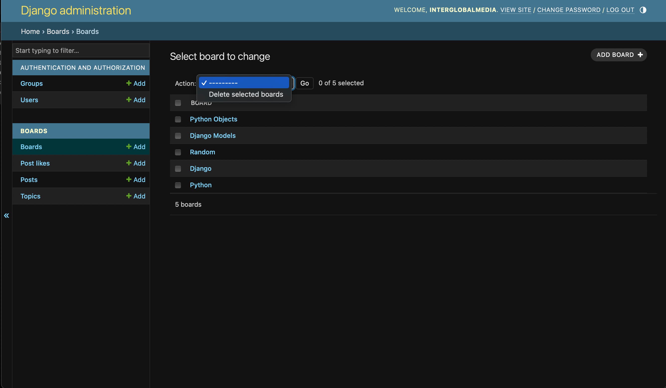 Add or delete a board in the Admin panel