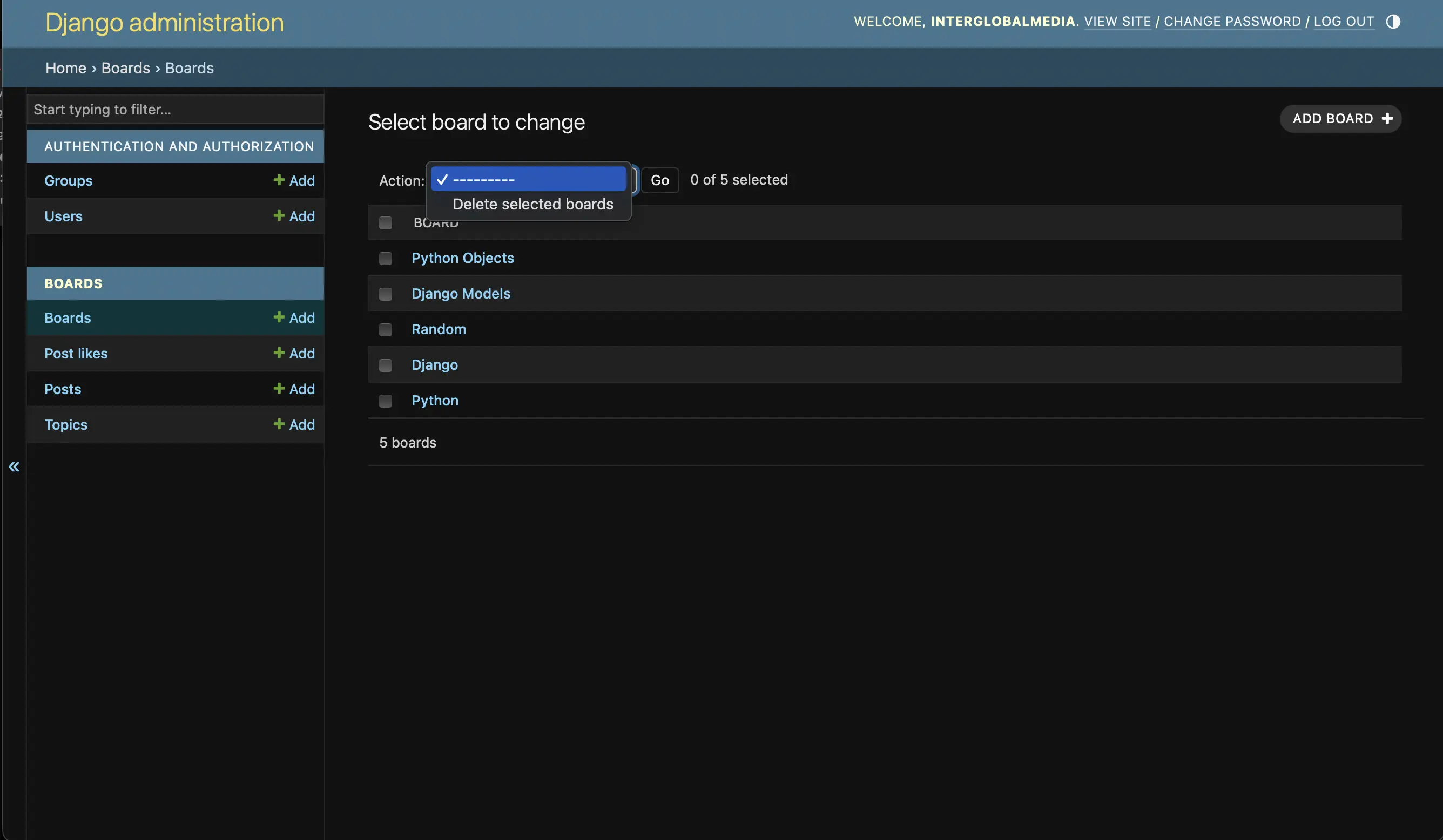 Add or delete a board in the Admin panel