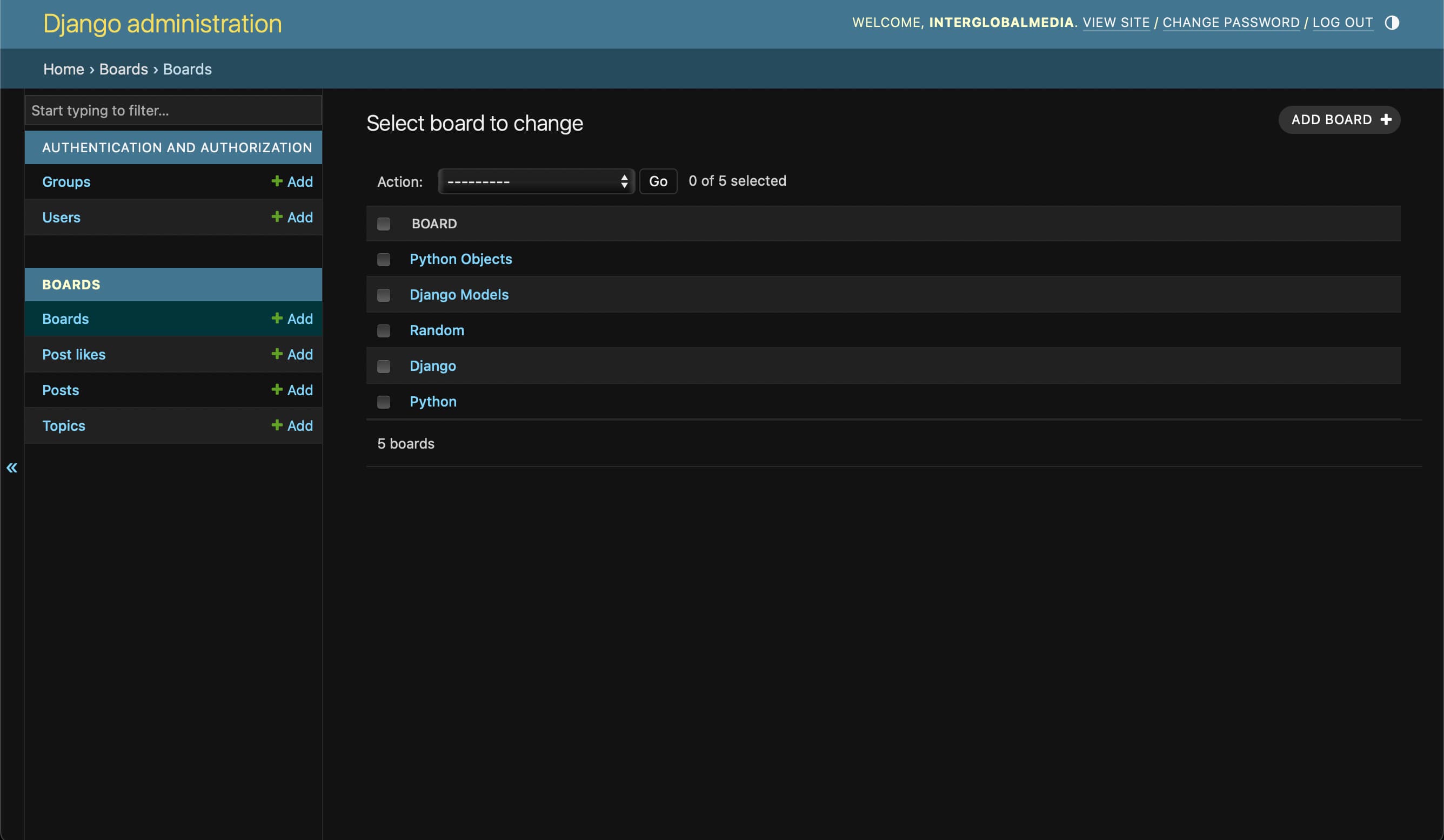 List of boards in the Django Admin dashboard