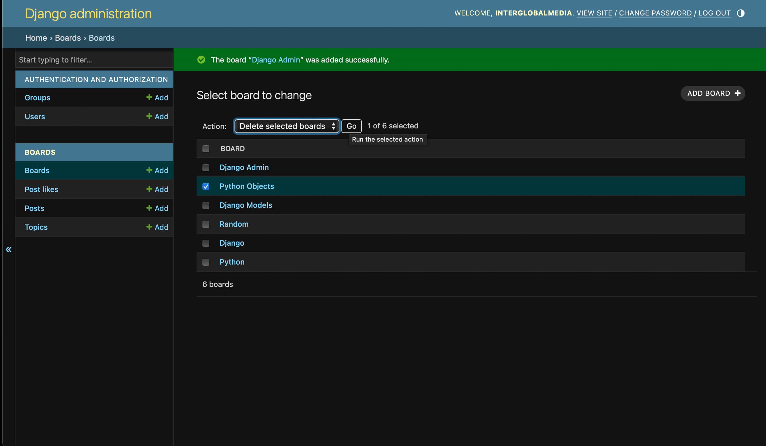 Run selected action to delete board