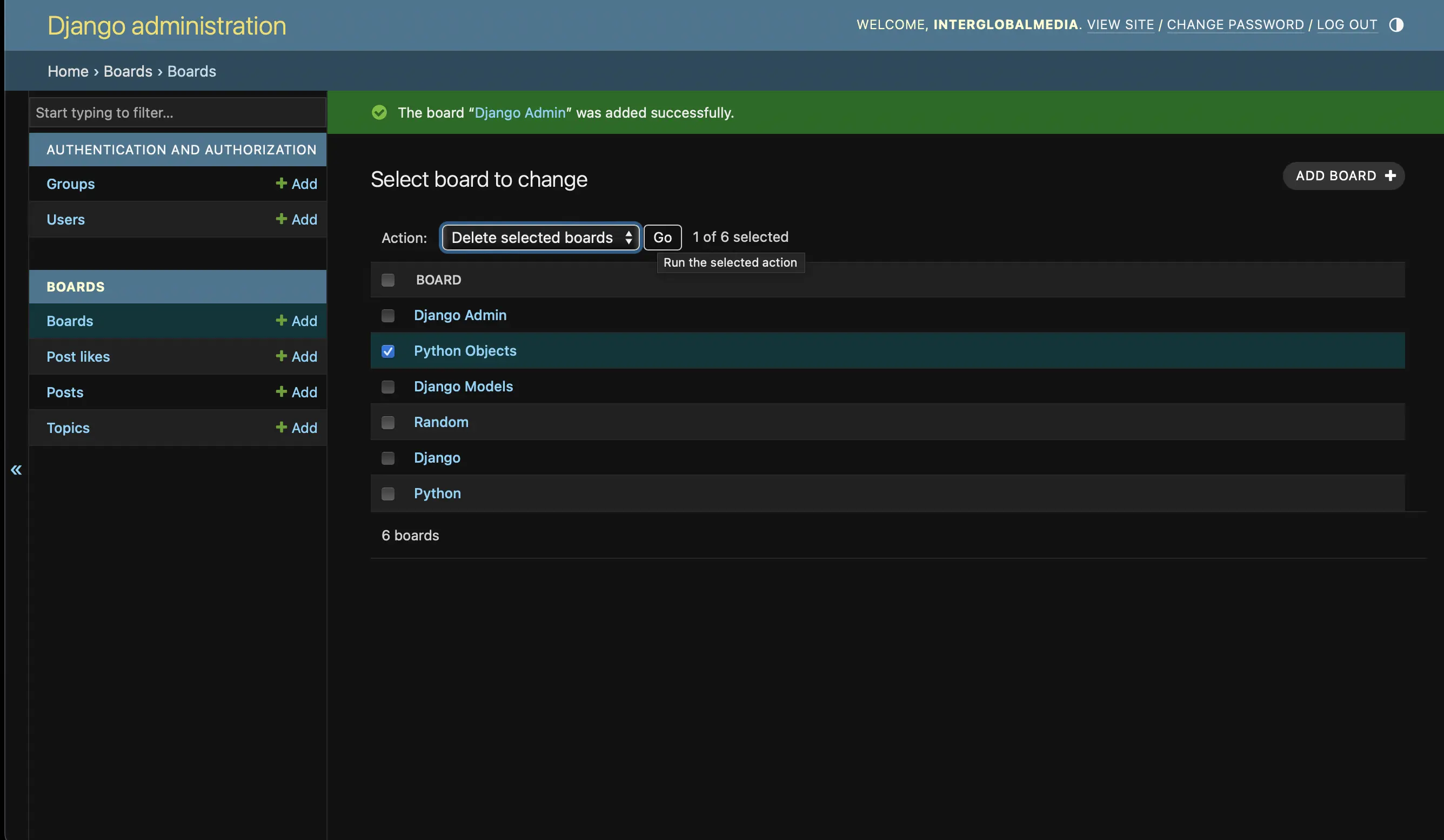 Run selected action to delete board