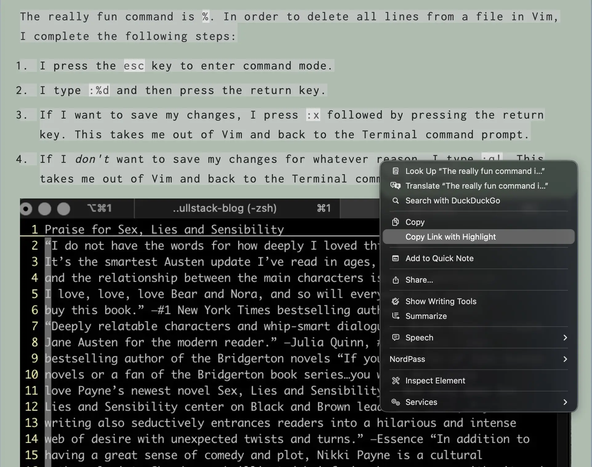 Screenshot of right-clicking on highlighted selection in Chrome and selecting "Copy link with highlight"