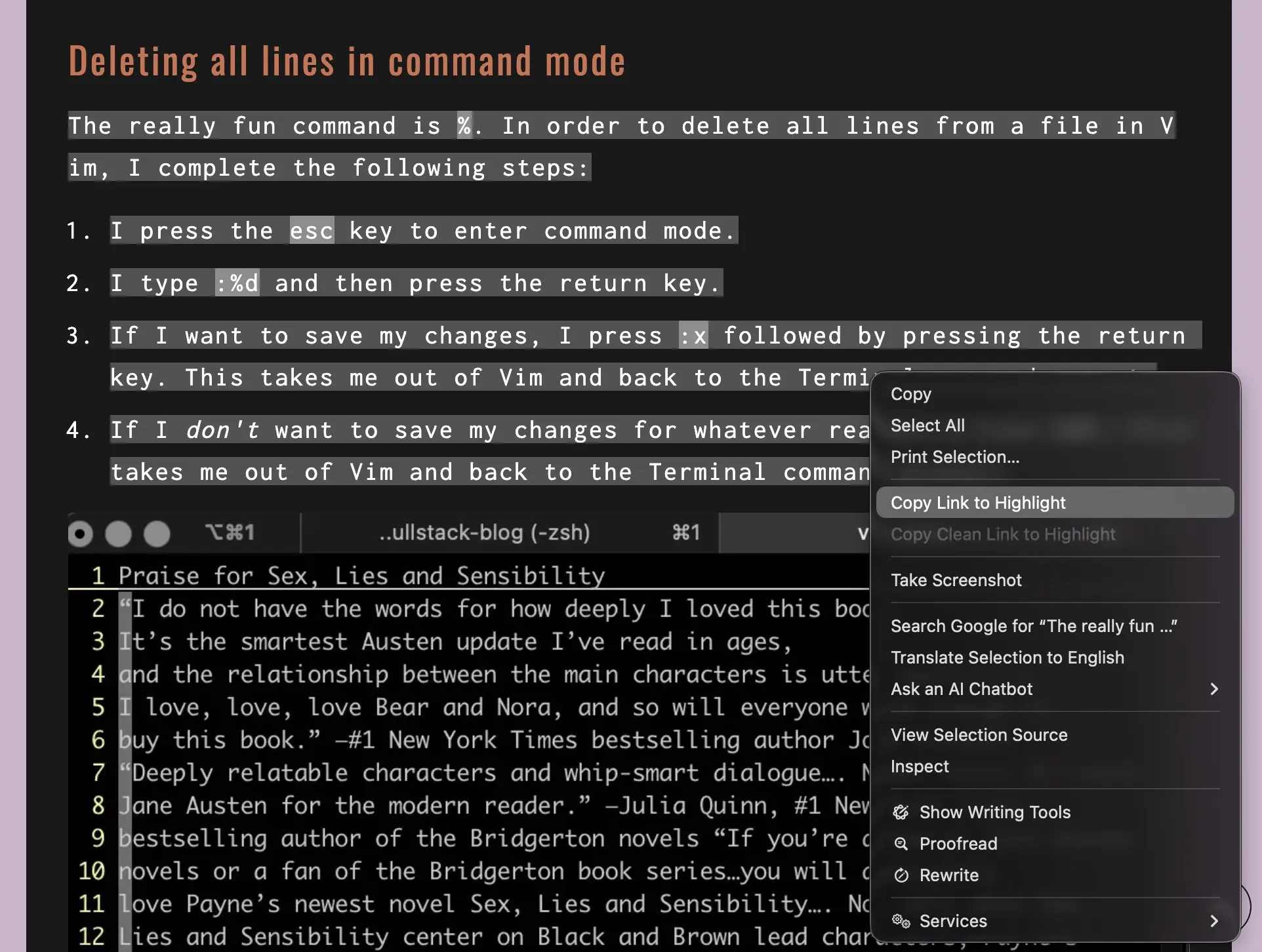 Screenshot of right-clicking on highlighted text in Firefox and selecting "Copy link to highlight" in the dropdown menu