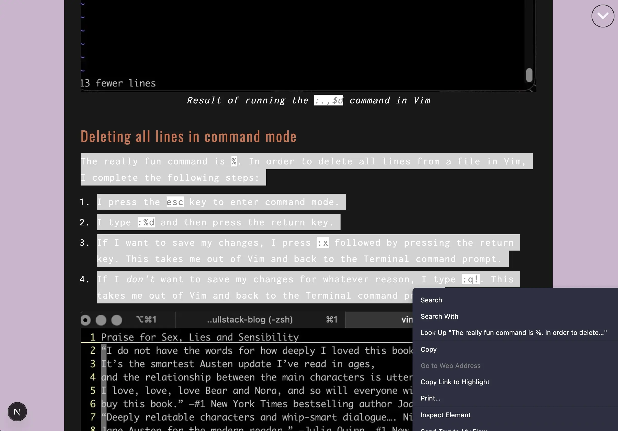Screenshot of highlighting text in Opera and then right-clicking on it so that a dropdown menu appears