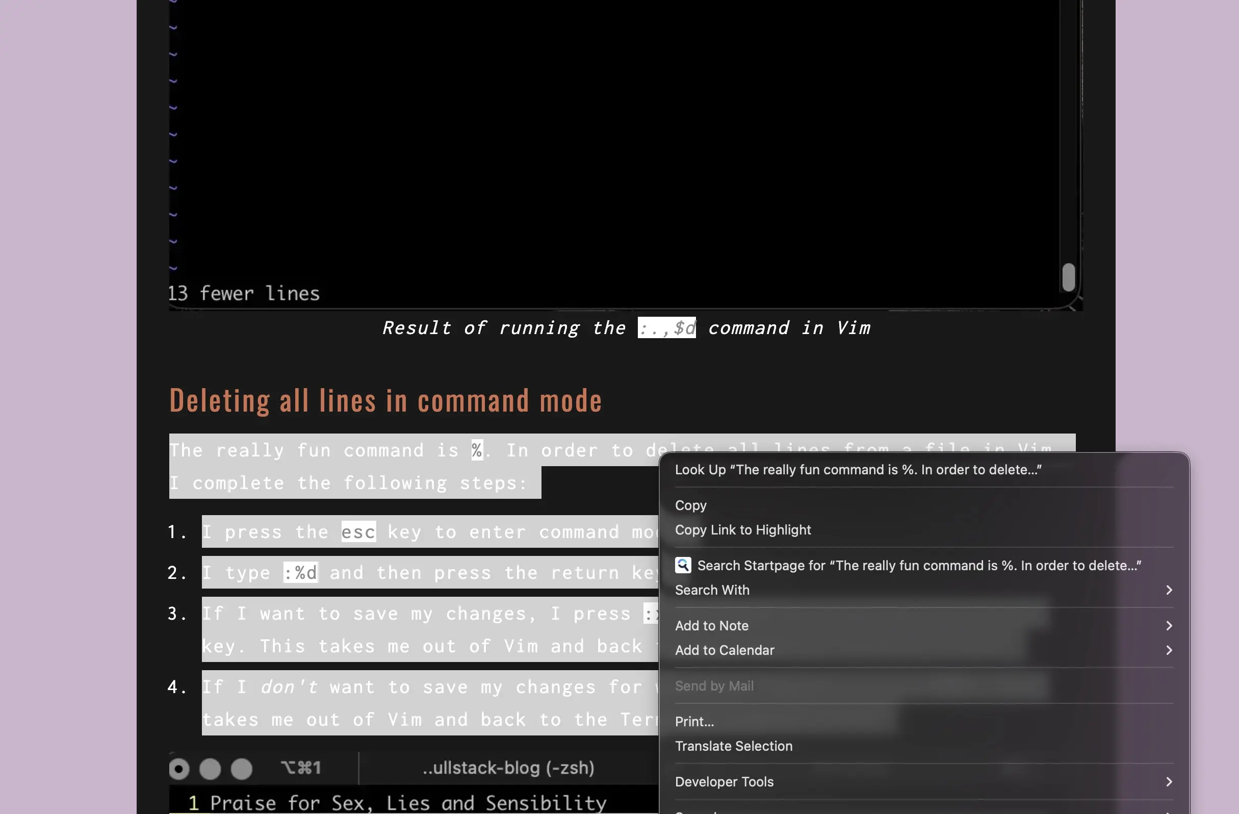 Screenshot of highlighting text in Vivaldi and then right-clicking on it so that a dropdown menu appears