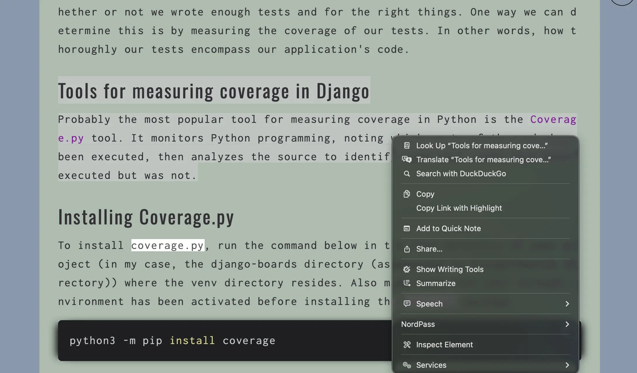 Safari right-click context menu showing the copy link with highlight option
