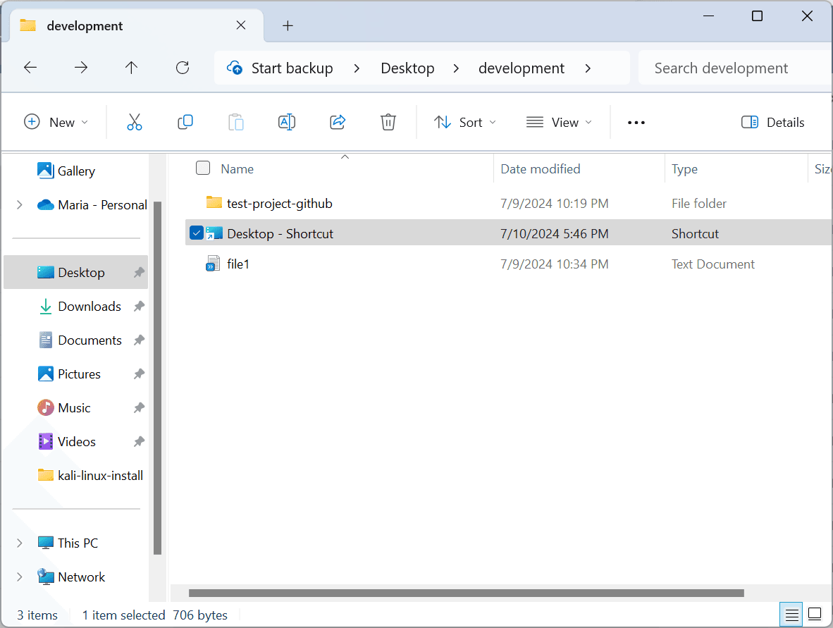 development folder selected in File Explorer