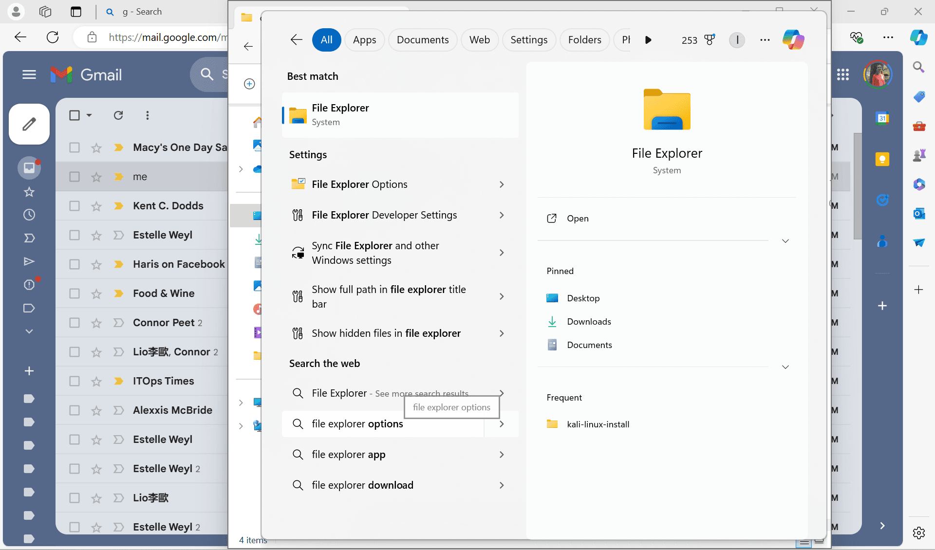 Search results from Search bar located in Windows dock