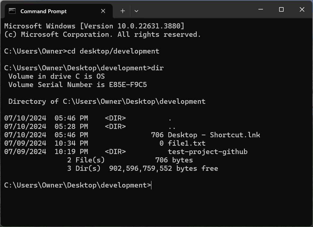 running the dir command in Command Prompt
