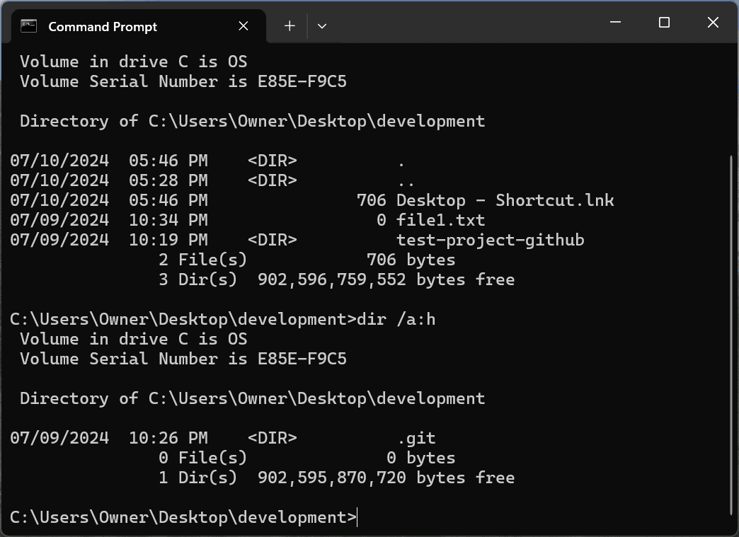 running the dir /a:h command in Command processrompt