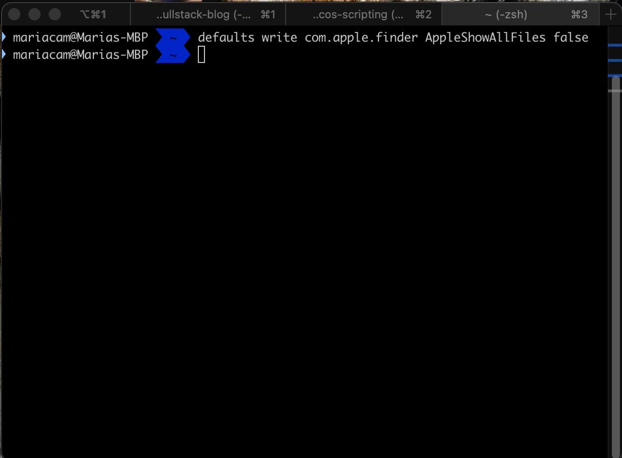 Typing defaults write com.apple.finder AppleShowAllFiles false command in Terminal