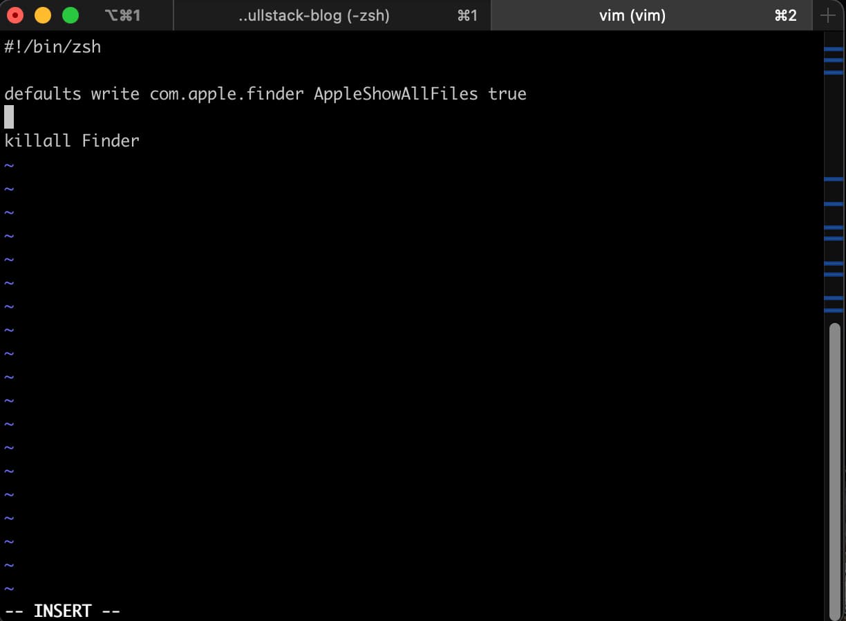 Typing the show hidden files shell script in Vim