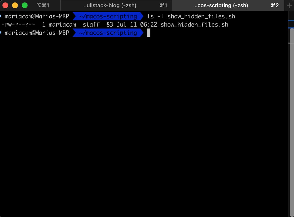 Result of running ls -l show_hidden_files.sh in Terminal