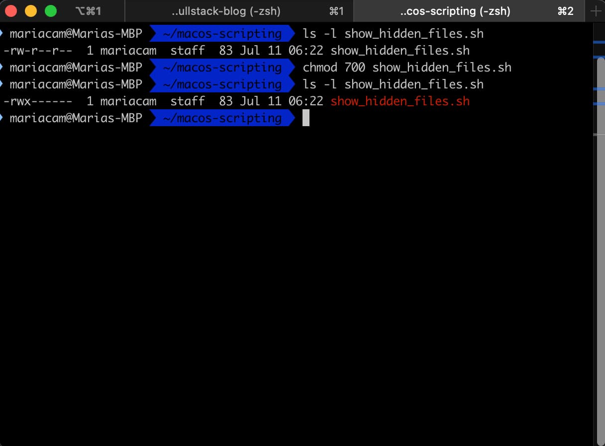 running the ls -l show_hidden_files.sh in Terminal