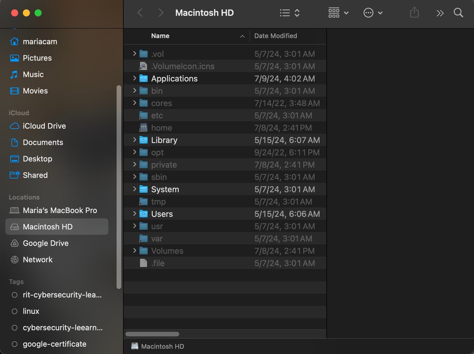 The Finder after running the show_hidden_files.sh shell script in Terminal