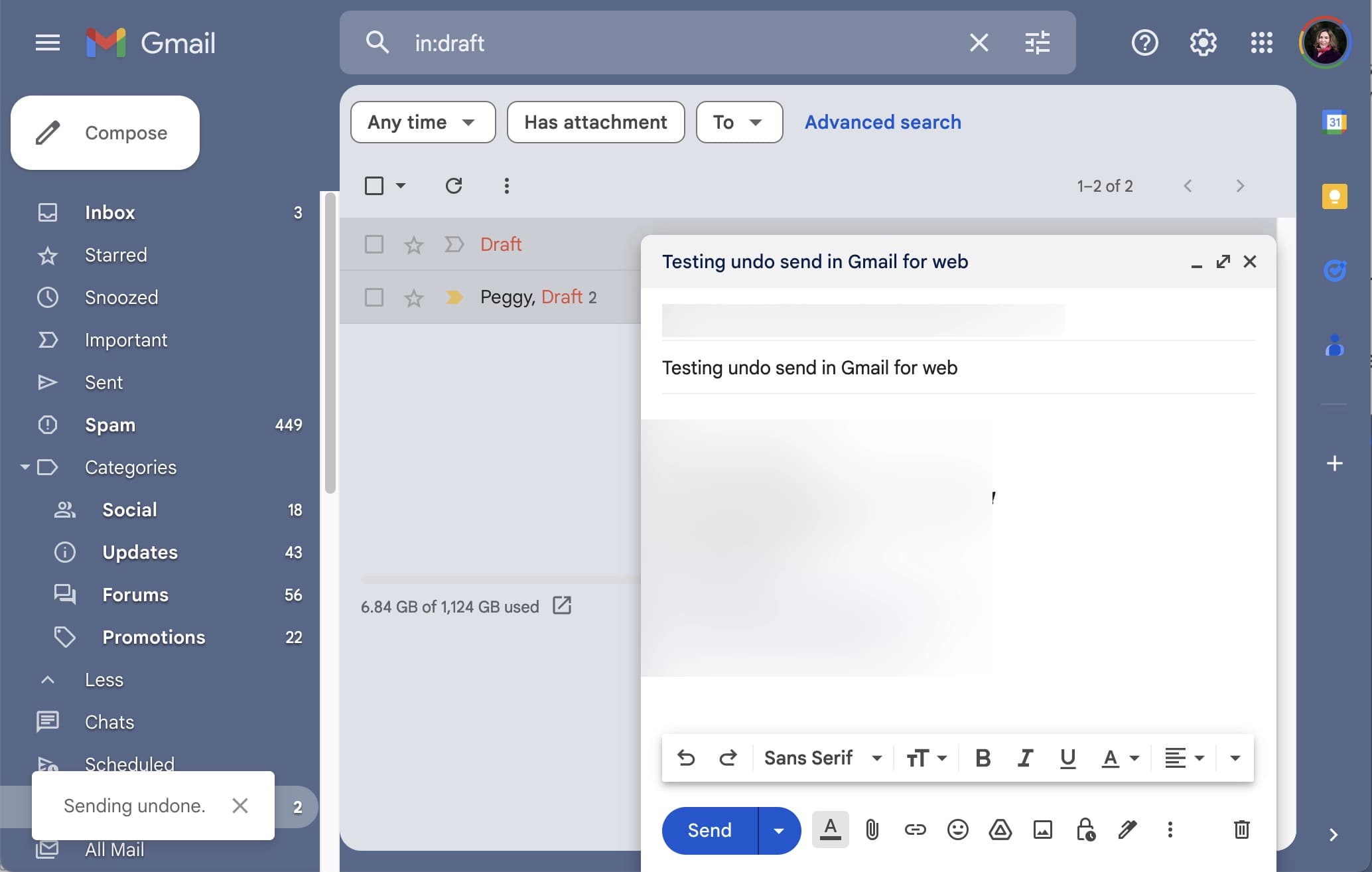 Screenshot of what appears after an email has just been unsent via Gmail