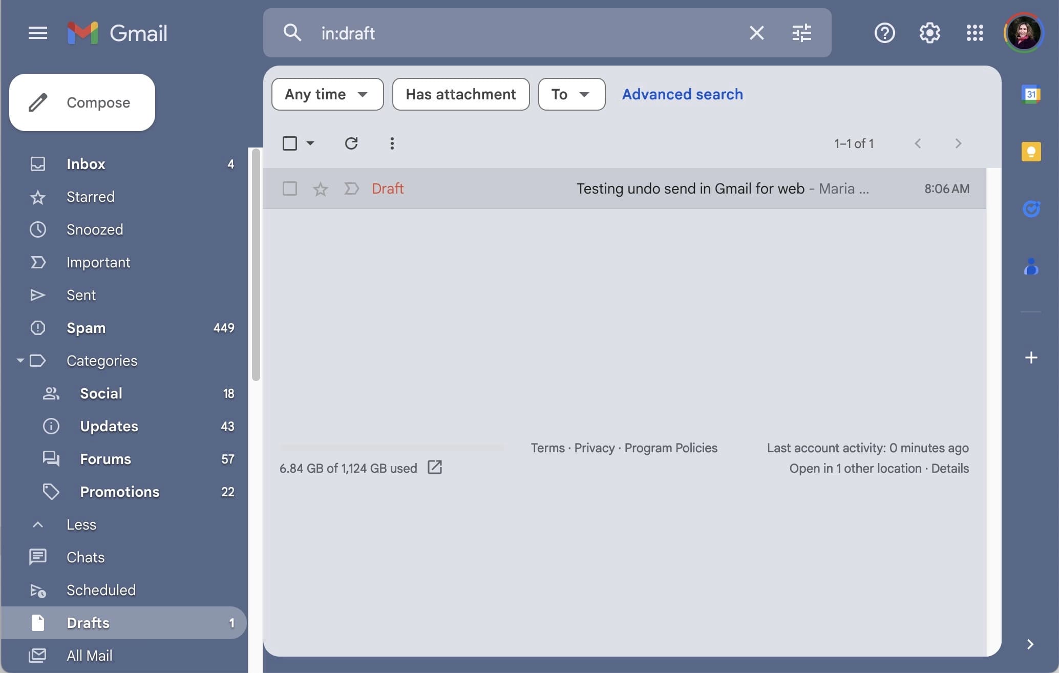 Screenshot of what appears after an email has just been unsent and reverted to a draft via Gmail