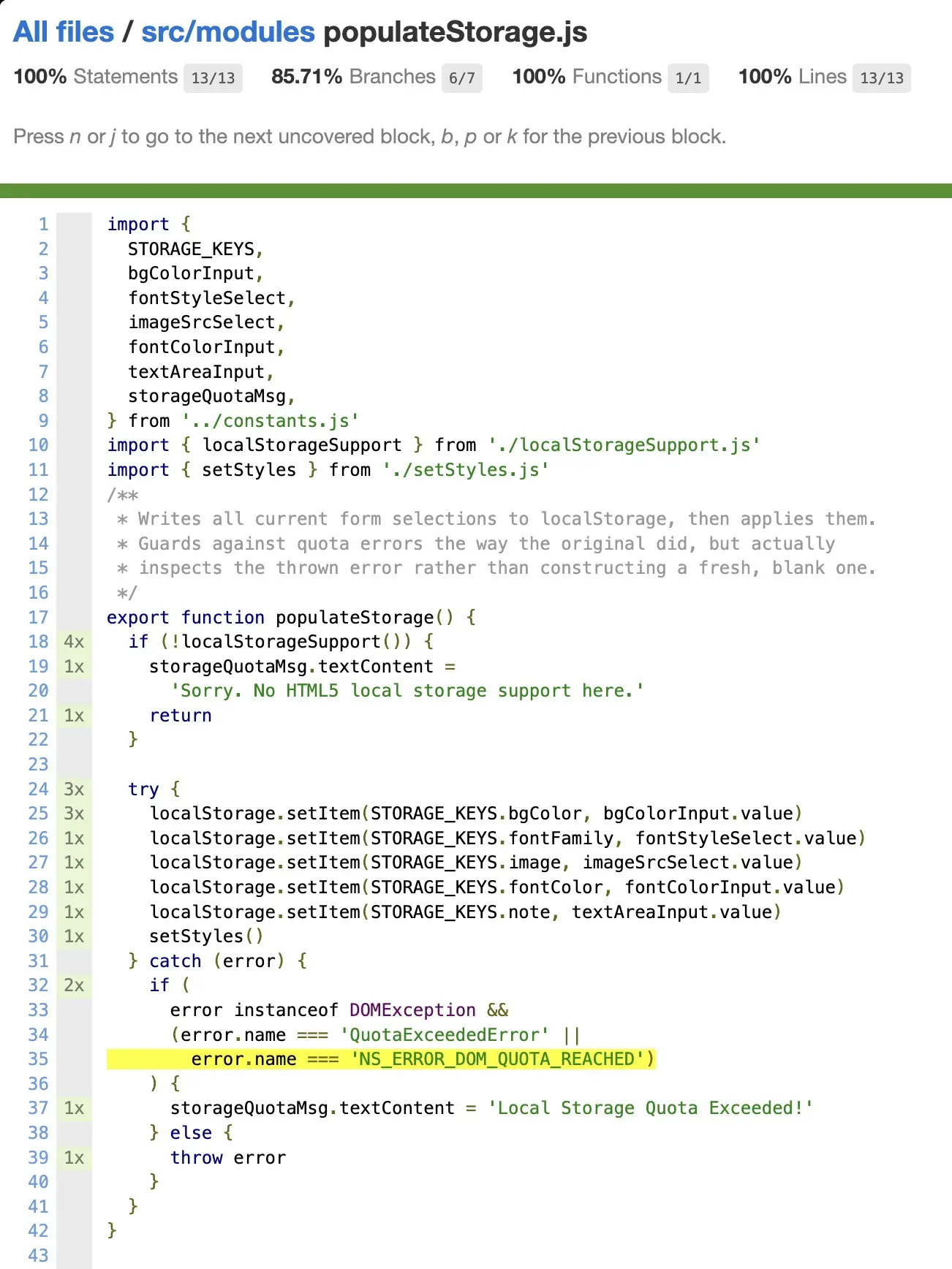 Screenshot of populateStorage.test.js test coverage with the Firefox quota-exceeded variant branch test commented out