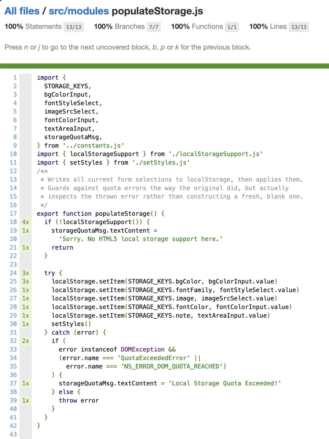 Screenshot of test coverage of populateStorage.test.js with the quota-exceeded branch test commented out
