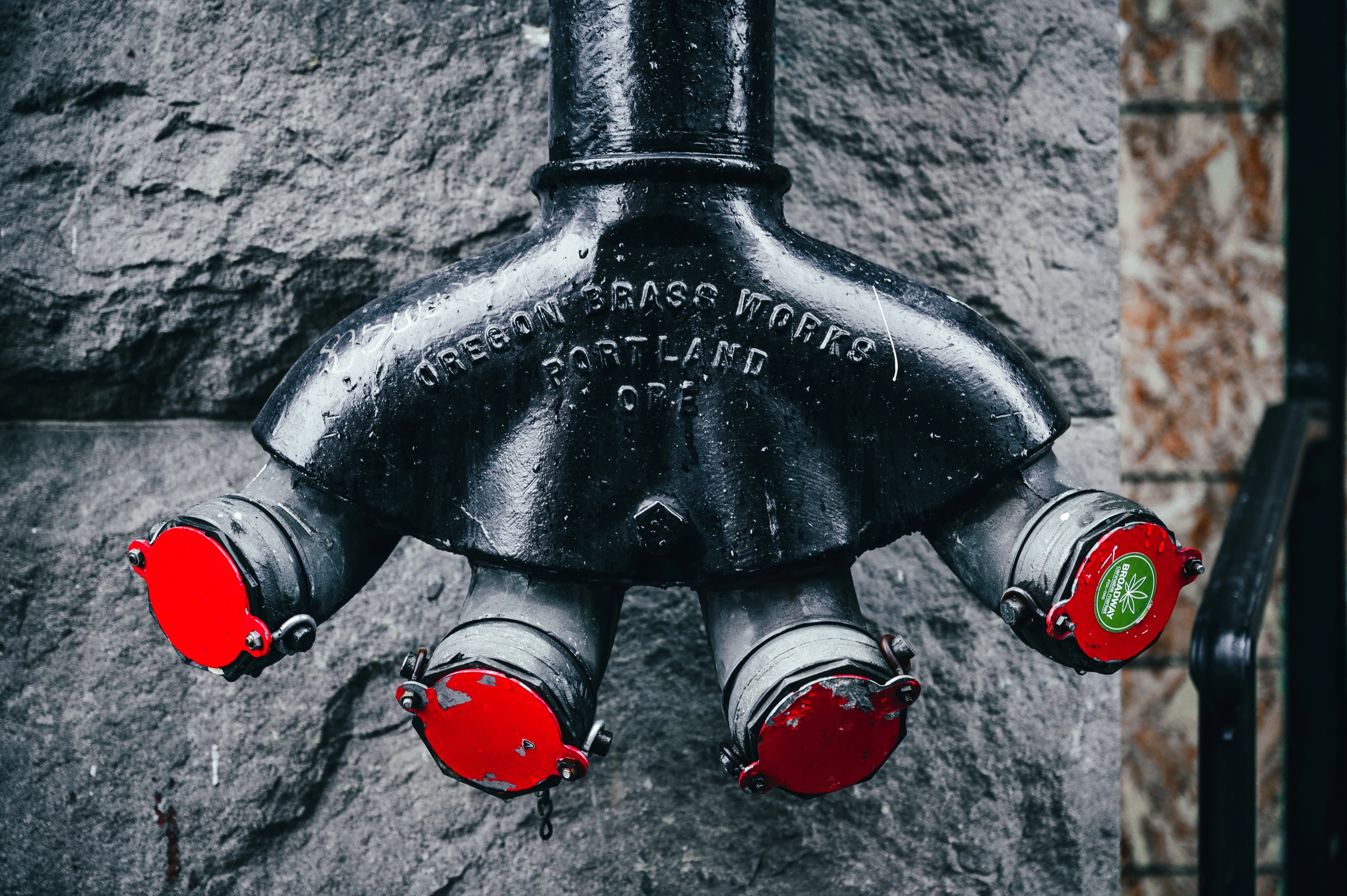 Close-up of a black industrial fire hydrant with red caps on a concrete wall