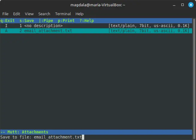 Screenshot of user saving email attachment with Mutt