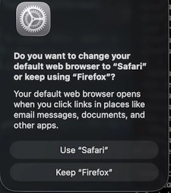 macOS prompt requiring a user to confirm their desire to switch their default browser