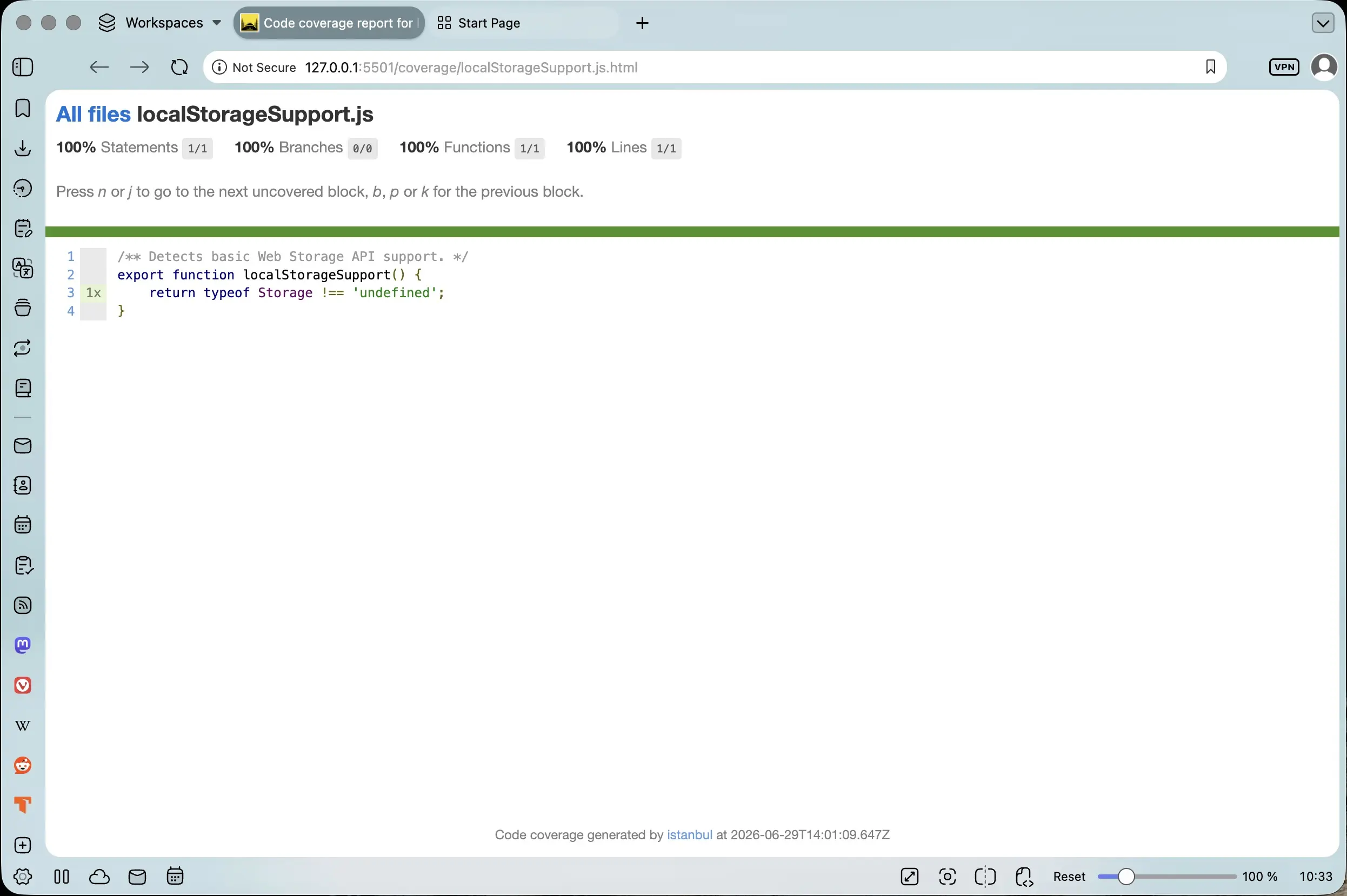 Screenshot of the test coverage of the localStorageSupport function