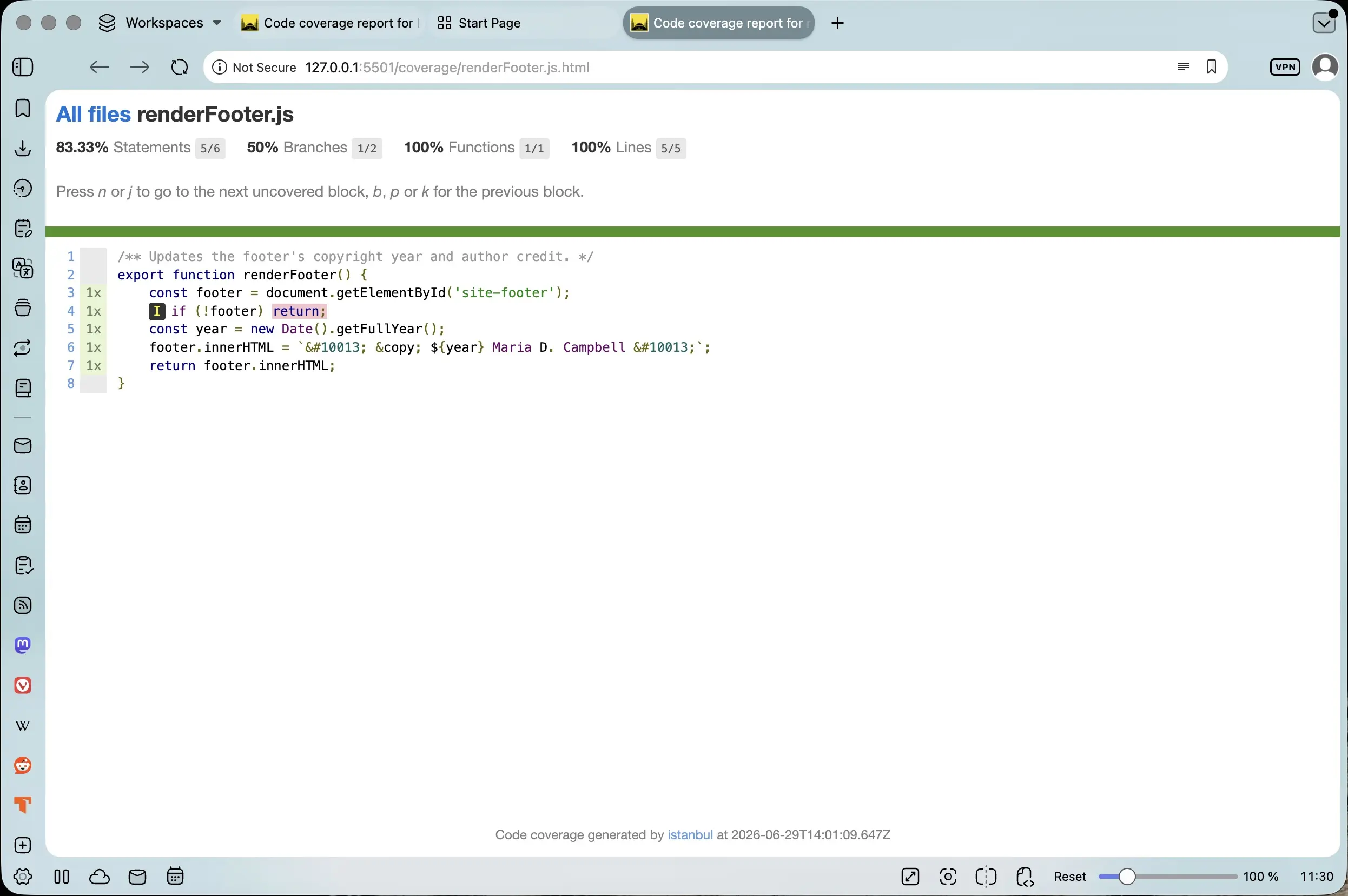 Screenshot of the renderFooter.js.html test coverage report in the browser