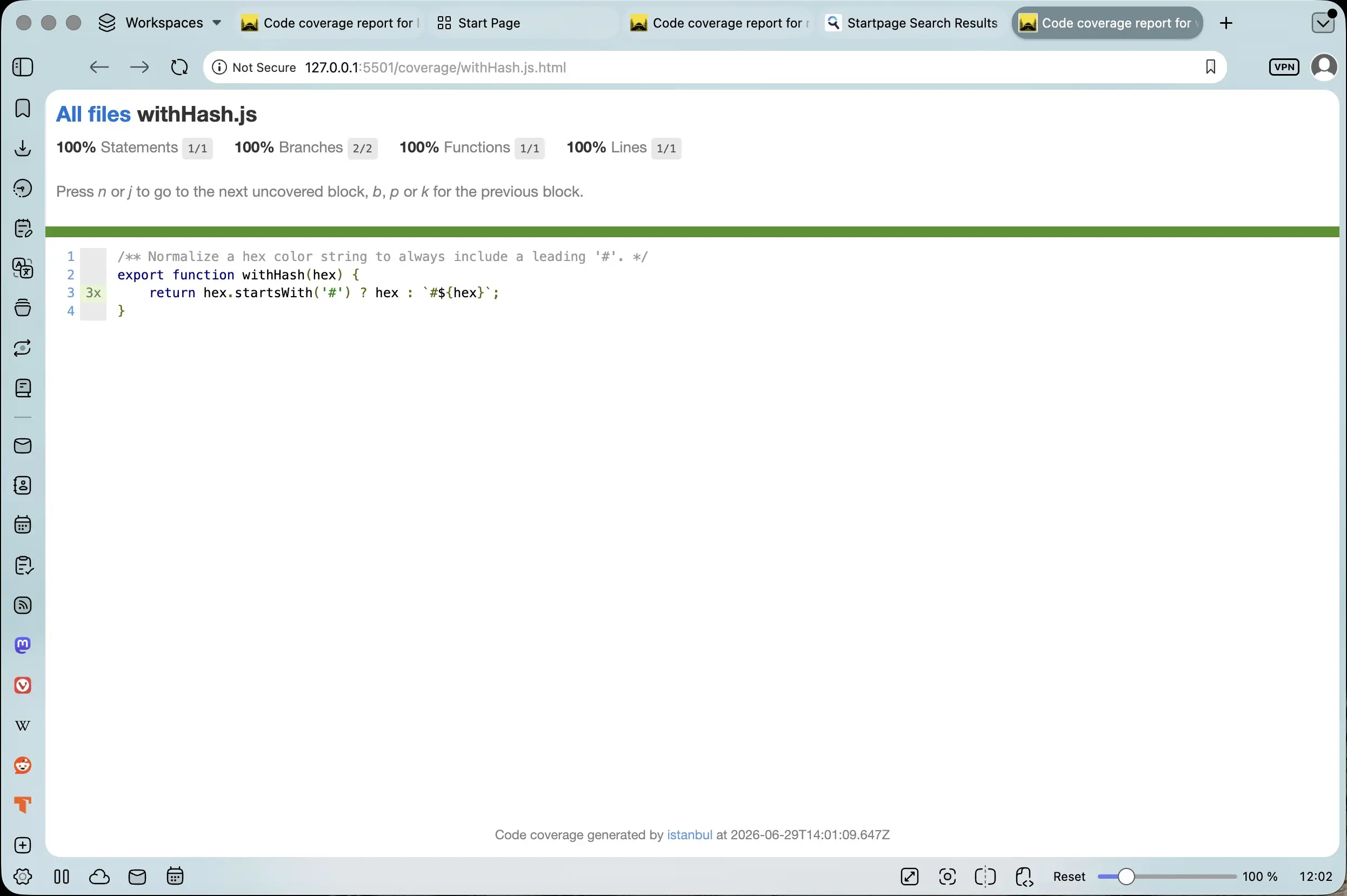 Screenshot of the withHash.js.html test coverage report in the browser