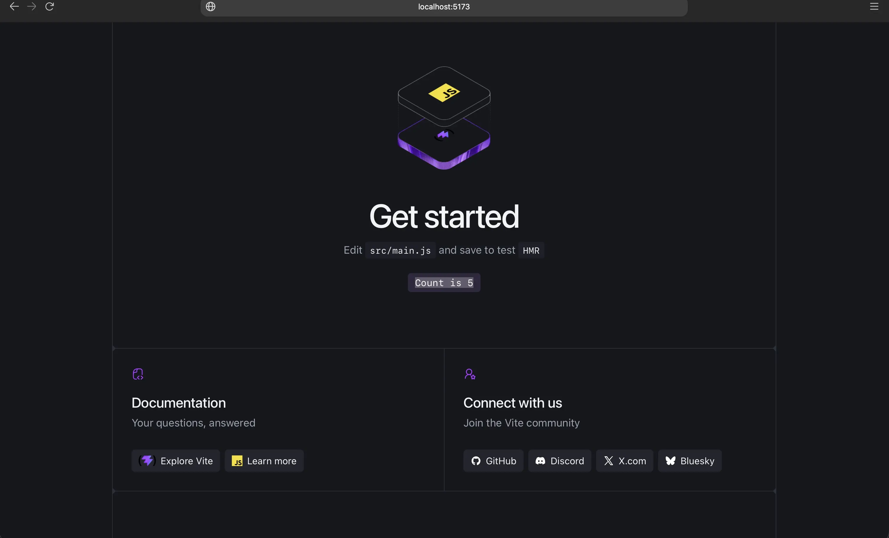 Screenshot of the Vite Vanilla JavaScript project starter page