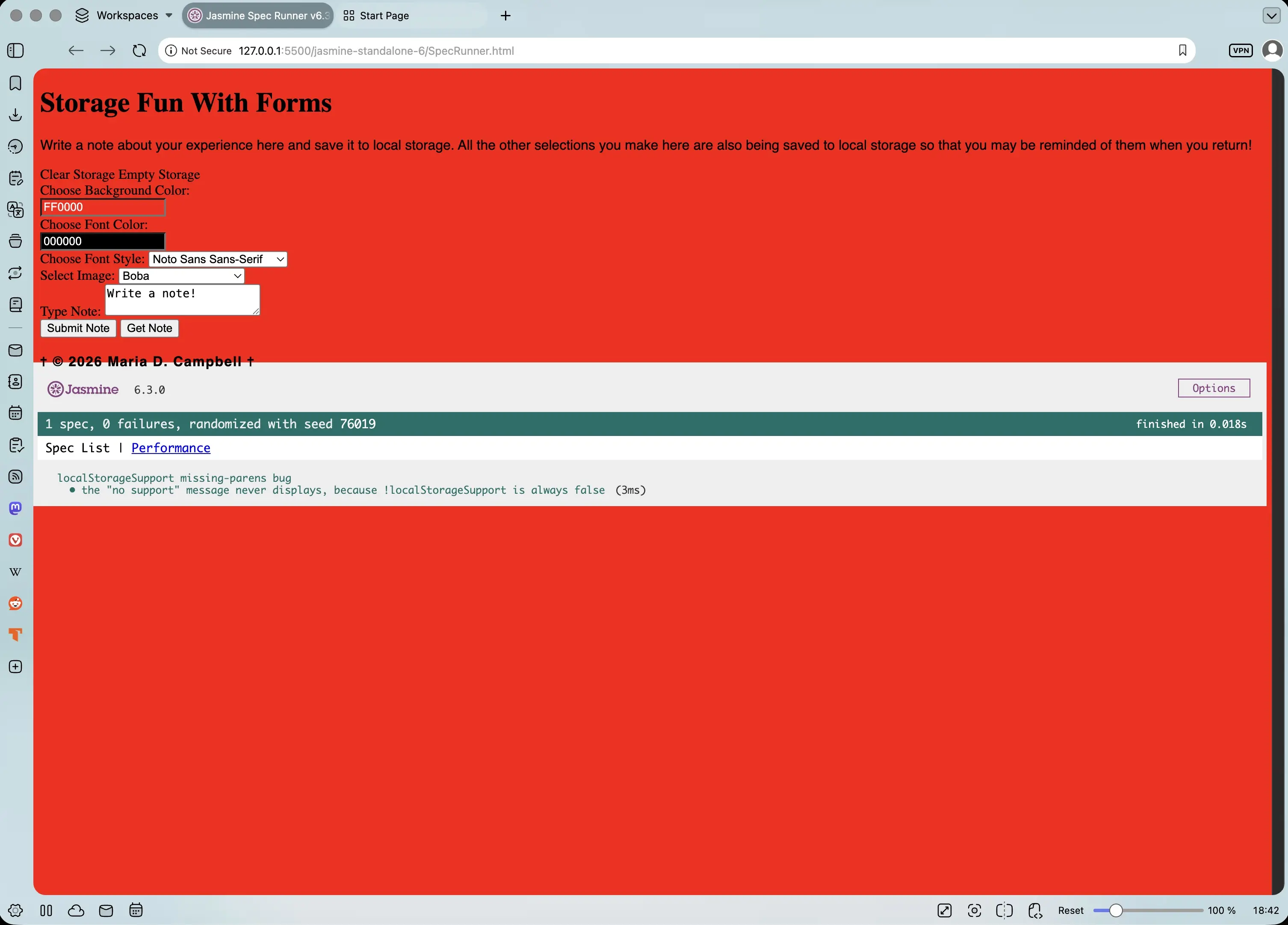 Screenshot of localStorageSupport missing-parens bug with the "no support" message never displaying because !localStorageSupport is always false