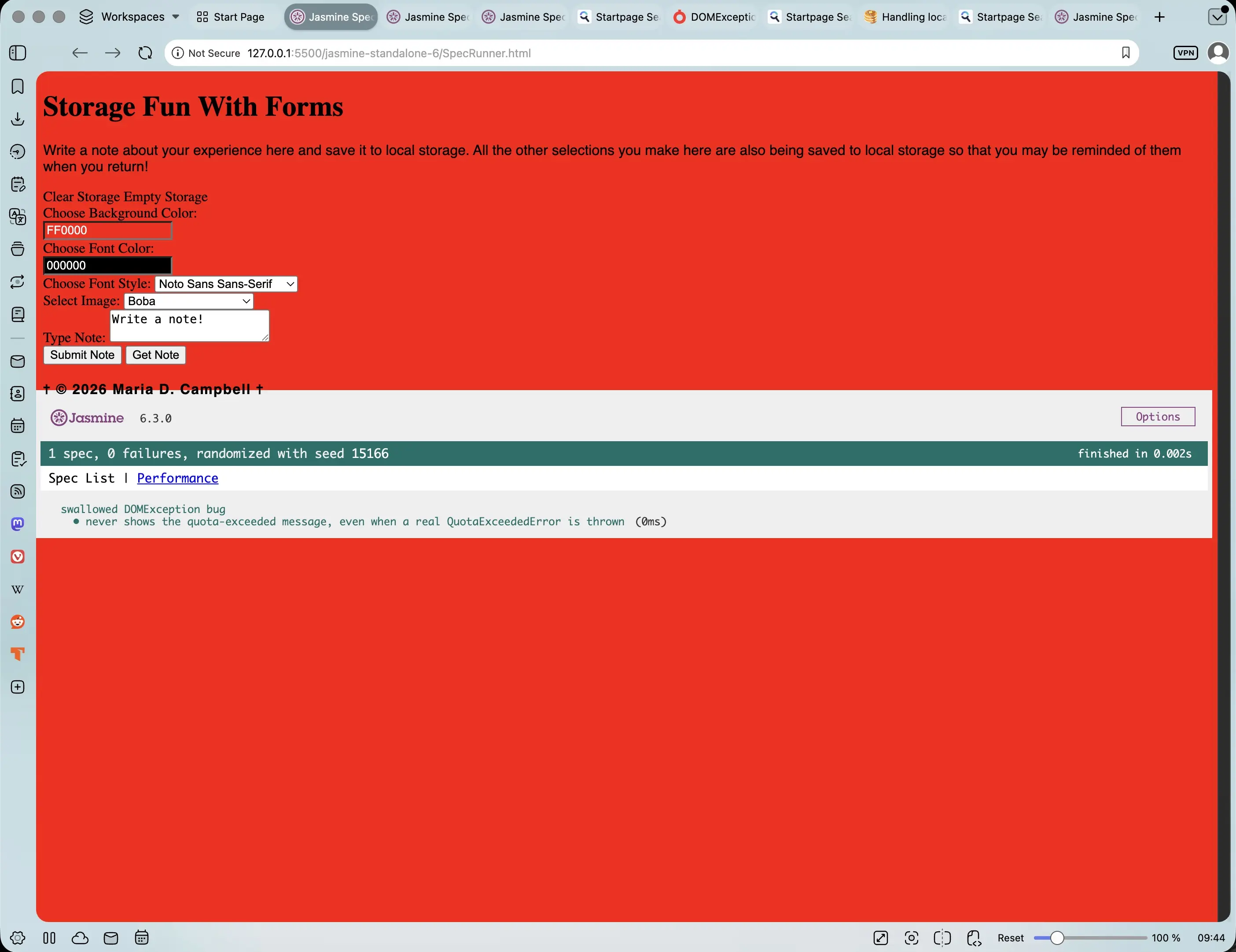 Screenshot of swallowed domException bug never showing the quota-exceeded message, even when a real QuotaExceededError is thrown