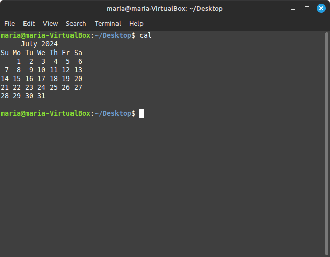 stdout of cal command in Terminal