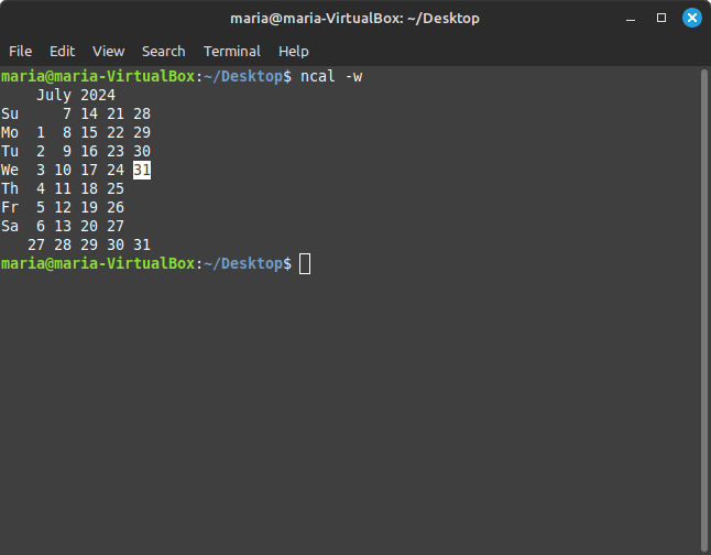 stdout of the ncal command using -w flag in Terminal
