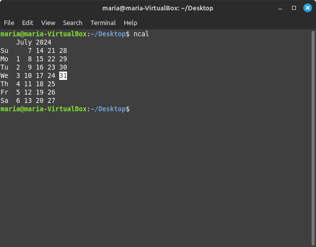 stdout of the ncal command without any options in Terminal