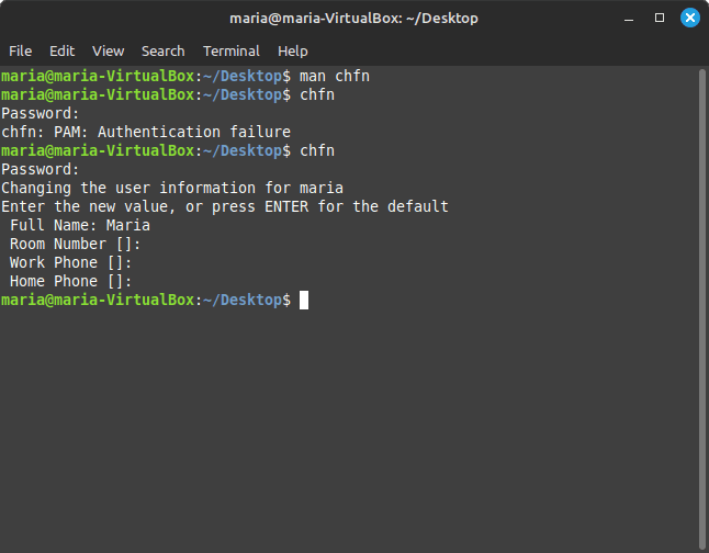 stdout of the chfn command in Terminal