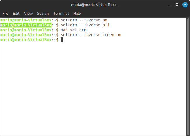 setterm --reversescreen on command
